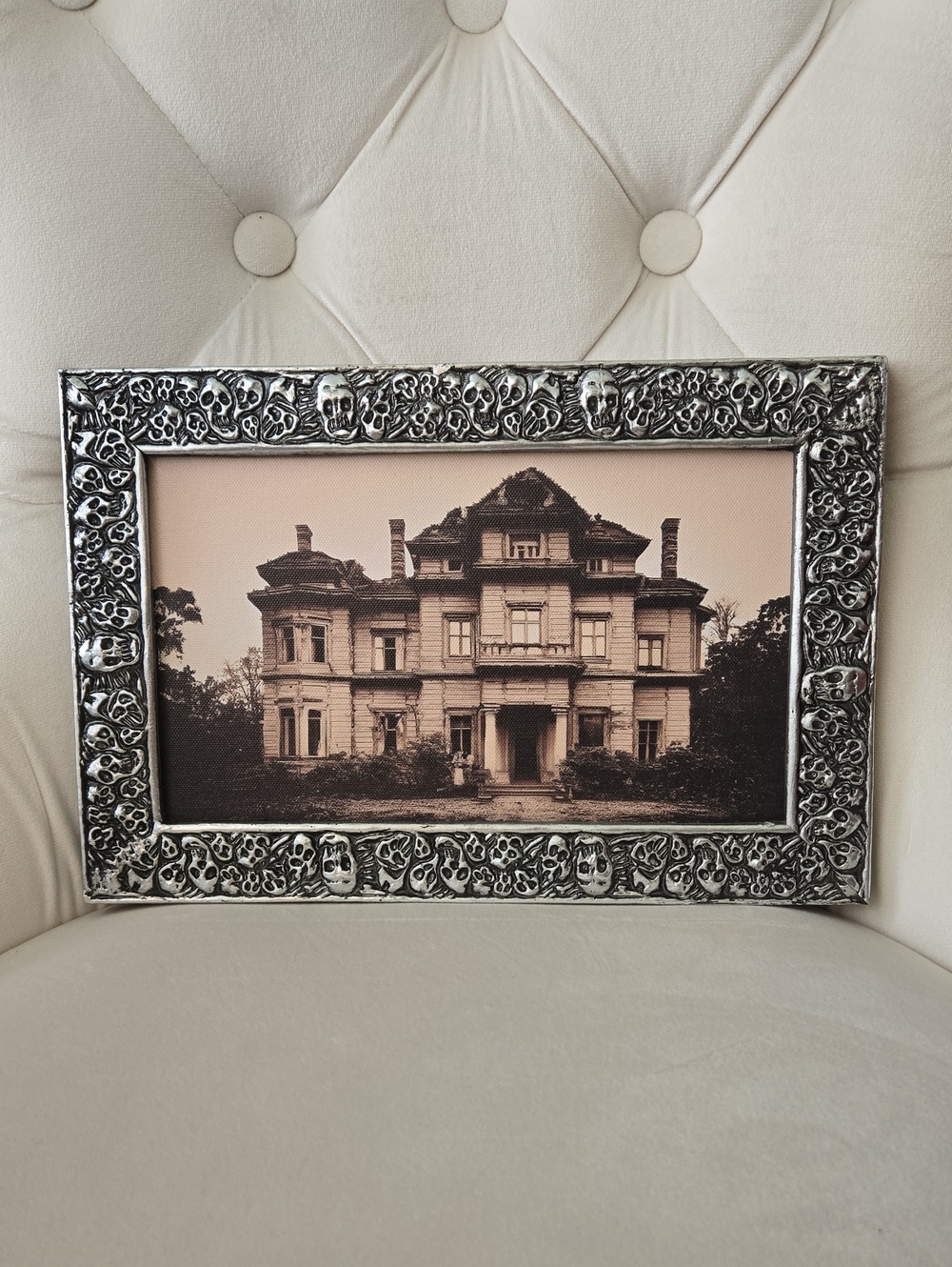 Joann Fabric Haunted House Halloween Silver Skull Embossed Picture Frame, NWOT